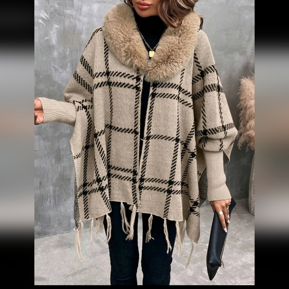 Comfy Faux Vegan Fur Plaid Fringe Cuff Sleeve Shawl Sweater Cardigan - Picture 12 of 12